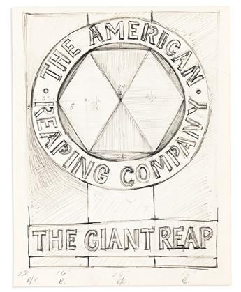 INDIANA, ROBERT. Three graphite drawings, designs for two 1961 paintings, The American Gas Works and The American Reaping Company.